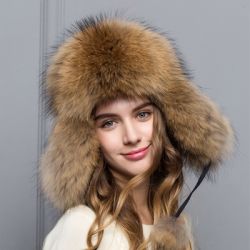 Зимна шапка с естествен дълъг косъм миеща мечка шушляк