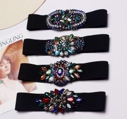 Широк еластичен дамски колан с голяма тока, цветни кристали