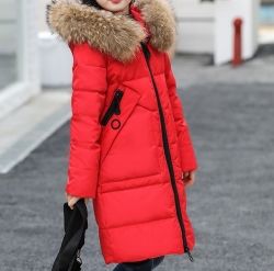 Детско зимно яке с гъши пух, НАЛИЧНО 120 см, ЧЕРВЕНО