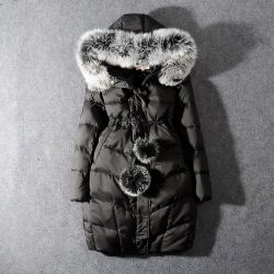 Дамско зимно яке с гъши пух и качулка с яка и помпони еко косъм, НАЛИЧНО М/L