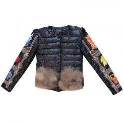 Късо дамско яке с вата и ЦВЕТНИ БРОДЕРИИ, с джоб естествен косъм,, НАЛИЧНО М размер