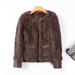 Късо елегантно модно дамско палто естествена кожа и естествен косъм заек, НАЛИЧНО М размер