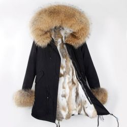 Зимна дамска парка естествен косъм с голяма яка и пух на ръкавите, НАЛИЧНО М, L, XL