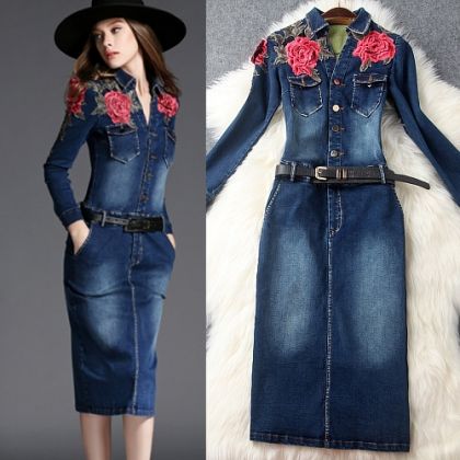 Дамска дънкова рокля дълга с дълъг ръкав с бродерия рози