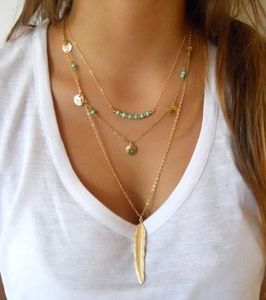 Троен синджир колие с камъни, пендари и висулка перо