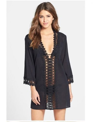 Свободна къса плажна рокля туника с 7/8 ръкав с плетена дантела