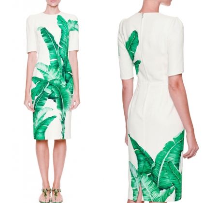 Елегантна рокля с къс ръкав зелени листа