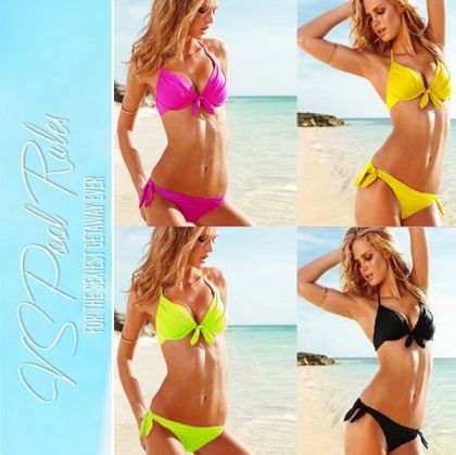 Бански Виктория Сикрет с твърда чашка с панделки ярки цветове