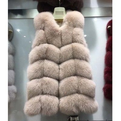 Дълъг елек топки 100% естествен косъм лисица- БЕЖОВ 75 см. дължина