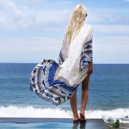 Пажна дълга туника памук с принт в синьо