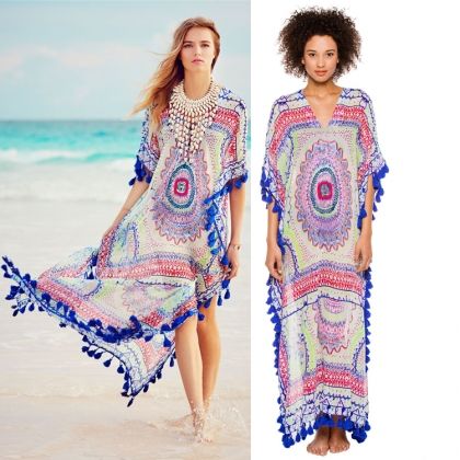 Дълго цветно парео рокля за плаж с пискюли