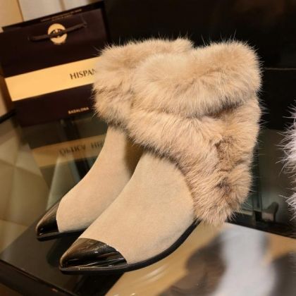 Дамски боти с нисък ток естествен велур с метален връх с естествен пух заек, НАЛИЧНИ 38 номер