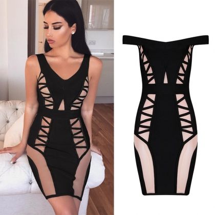 Бандажна рокля Herve Leger с деколте лодка и прозрачен тюл