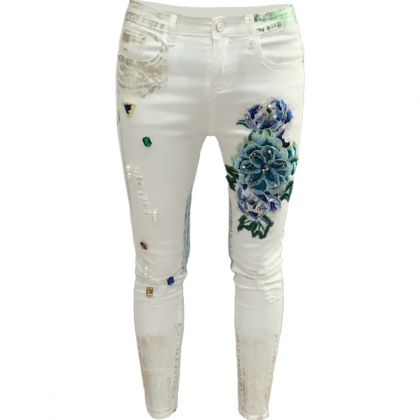 Дизайнерски дънки с камъни и бродерия Цветя