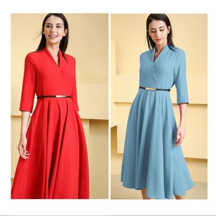 Права елегантна рокля с V - образно деколте, клош 