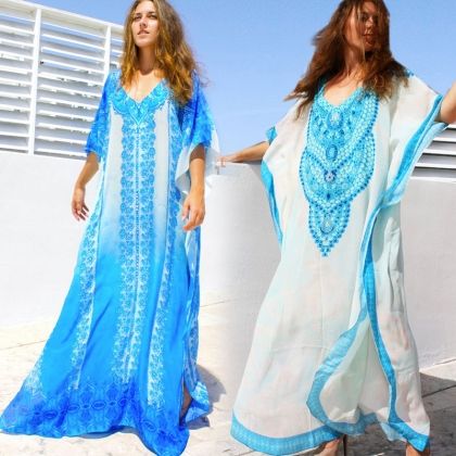 Модна дълга широка плажна рокля памук бяло и синьо