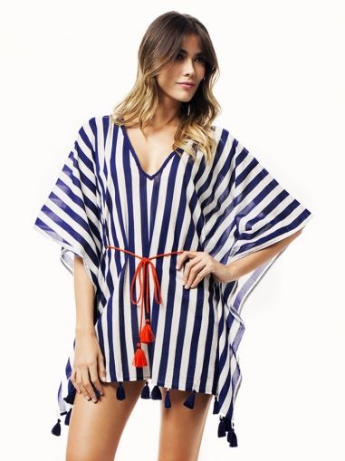 Модна дамска свободна плажна туника бяло и синьо райе с пискюли, НАЛИЧНА