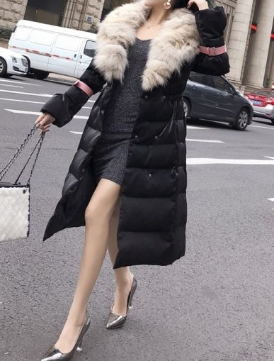 Дамско дълго зимно яке с гъши пух и шал лисица