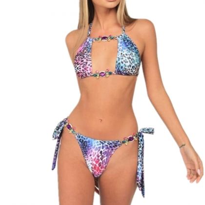 Луксозен бански с леопардов принт в синьо с кристални камъни