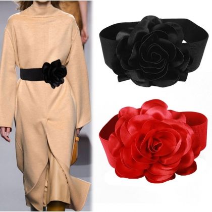 Елегантен широк ластичен колан със сатенено цвете