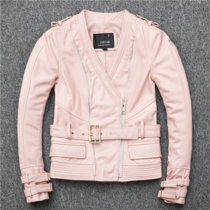 Дамско светло розово късо кожено яке естествена агнешка кожа