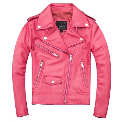 Дамско късо розово кожено яке естествена агнешка кожа