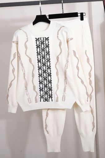 Моден дамски комплект фино плетиво с дълъг ръкав и пайети