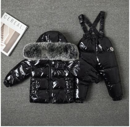 Детски зимен комплект яке с гащеризон с гъши пух и яка естествен косъм
