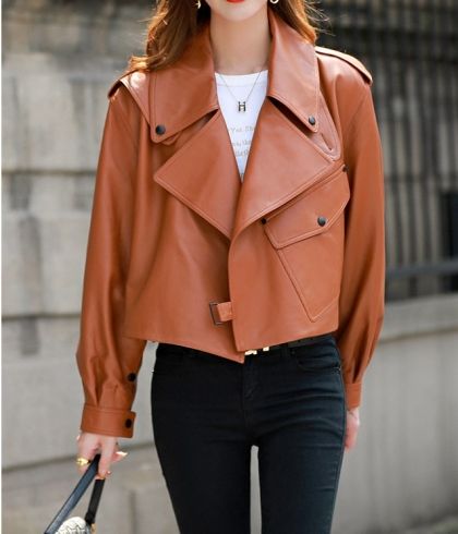 Дамско късо кожено яке естествена агнешка кожа