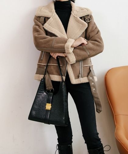 Кафяво дамско яке палто от агнешка вълна