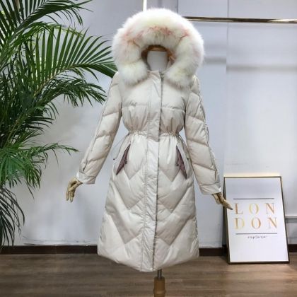 Олекотено зимно яке с гъши пух с качулка с естествен косъм, НАЛИЧНО S размер