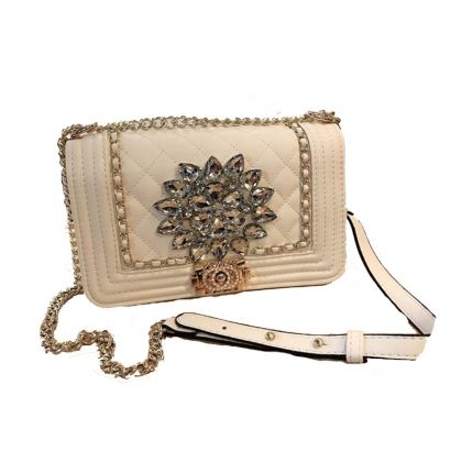 Модна дамска чанта на ромбове с кристални камъни