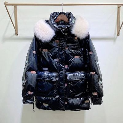 Дамско яке с гъши пух с  голяма яка естествен косъм лисица