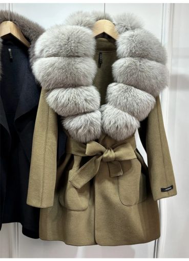 Луксозно естествено вълнено палто с голяма яка лисица ,  с колан и джобове, свободно, ежедневно, зимно