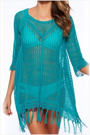 Къса секси плажна рокля с ръкави от фино плетиво с ресни