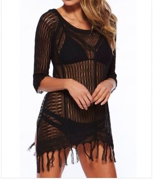 Къса секси плажна рокля с ръкави от фино плетиво с ресни