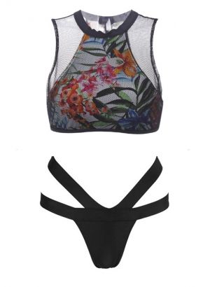 Цветен бански с потник бюстие с тюл на гърба