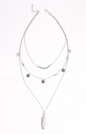 Троен синджир колие с камъни, пендари и висулка перо