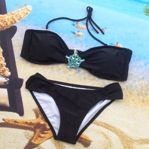 Черен бански от две части с тока с кристални камъни