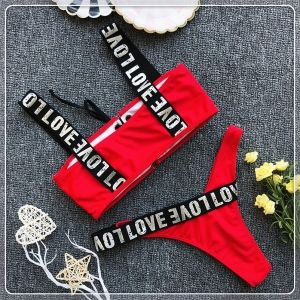 Моден бански с надпис Love и горна част с връзки