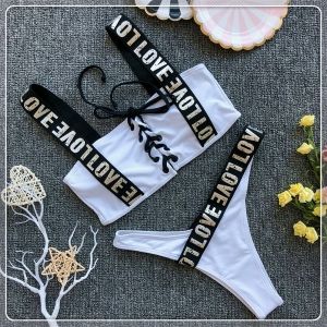 Моден бански с надпис Love и горна част с връзки