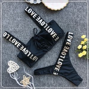 Моден бански с надпис Love и горна част с връзки