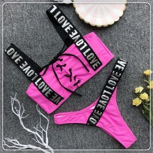 Моден бански с надпис Love и горна част с връзки