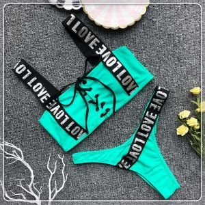 Моден бански с надпис Love и горна част с връзки