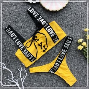 Моден бански с надпис Love и горна част с връзки