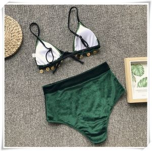 Моден бански с висока талия, кадифе с пендари