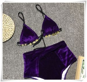 Моден бански с висока талия, кадифе с пендари