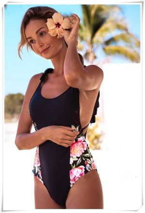 Цял бански, черен с цветя