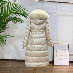 Дамско дълго зимно яке с гъши пух с качулка с естествен косъм и шал от лисица, НАЛИЧНО размер М