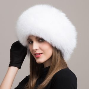Зимна дамска шапка с естествен дълъг косъм лисица и естествена кожа